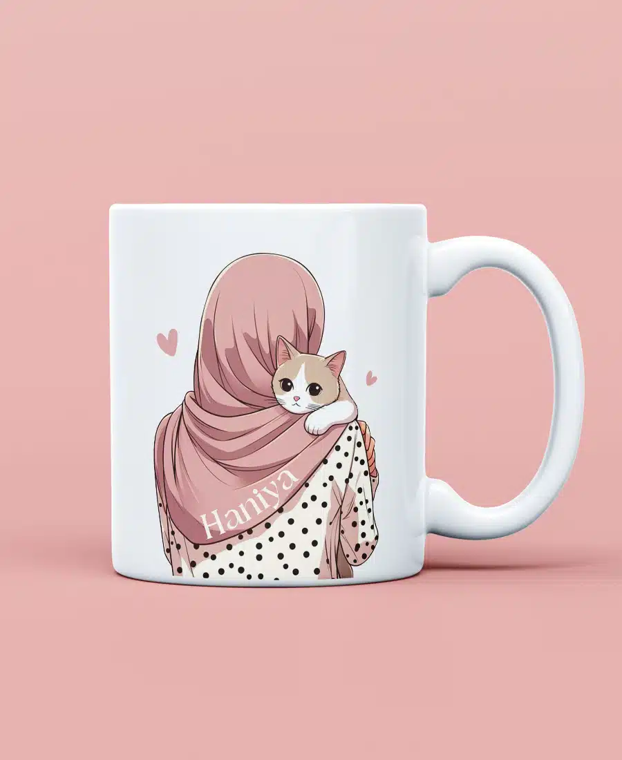 Whiskers & Warmth – Hijabi Girl with Cat Art Mug - 2
