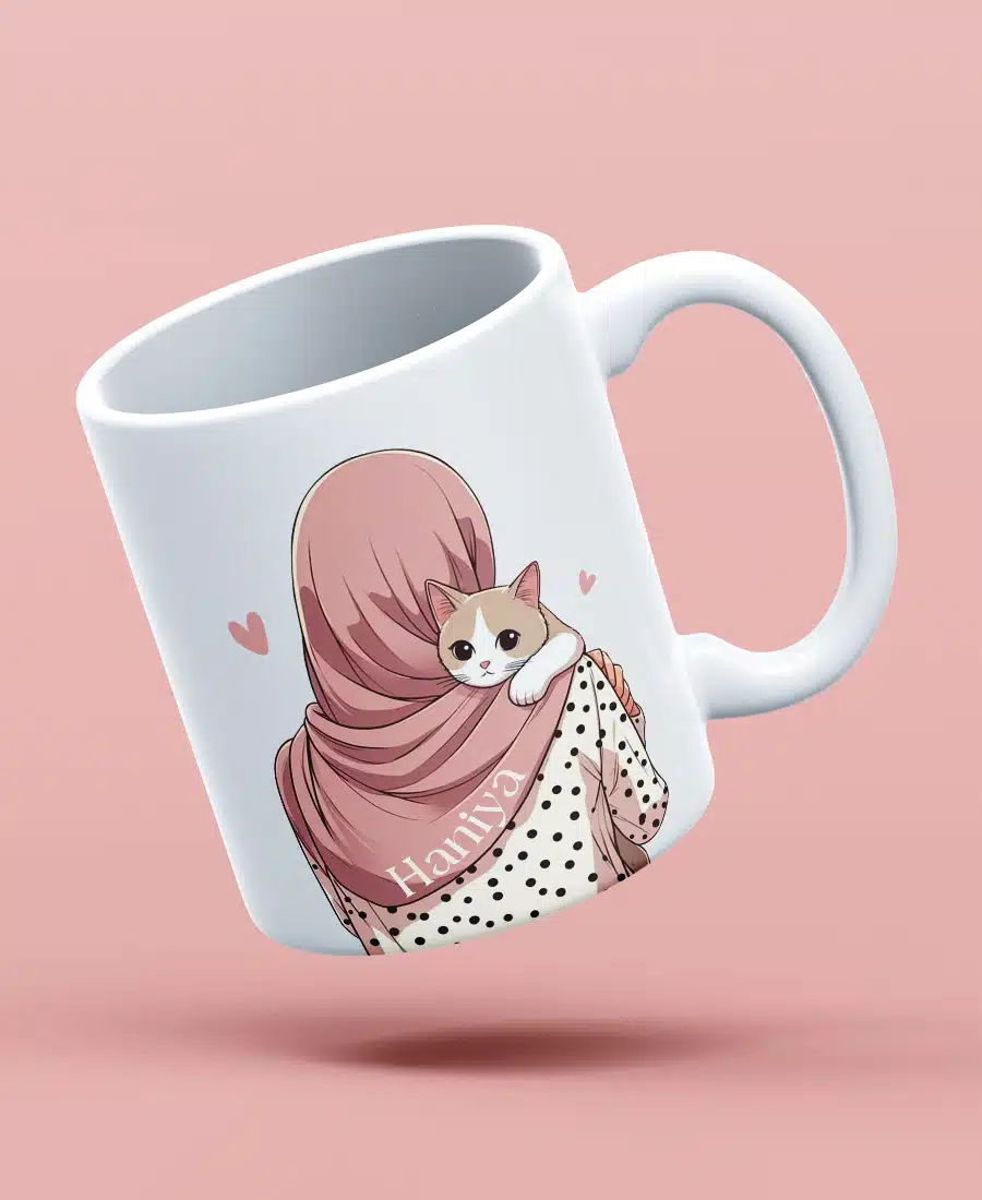 Whiskers & Warmth – Hijabi Girl with Cat Art Mug - 1