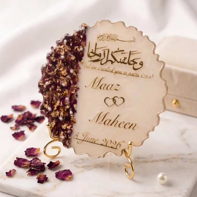 Custom Couple Resin Coaster with Nikkah Date – Floral Resin Art